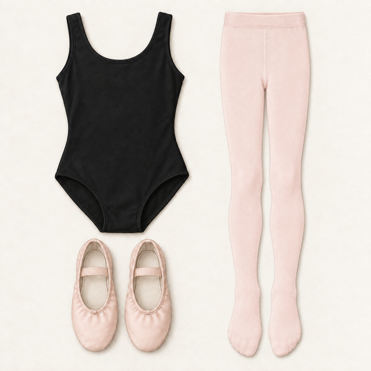 Black tank leotard, pink tights, and pink ballet slippers with elastics.