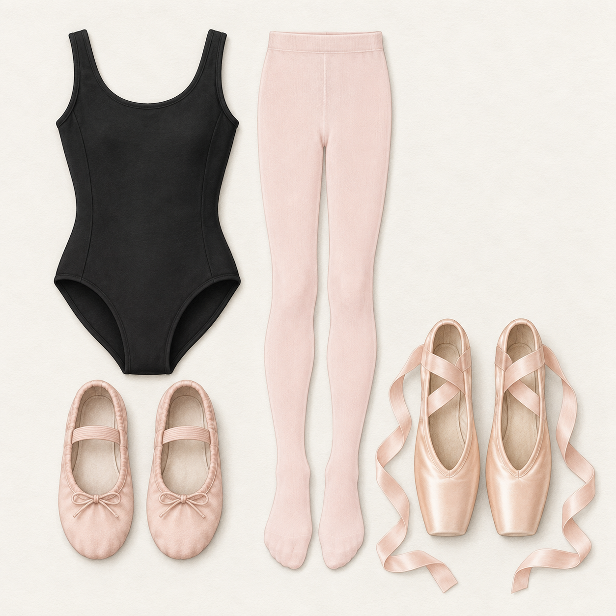 Black tank leotard, pink tights, ballet slippers, and pointe shoes with satin ribbons.