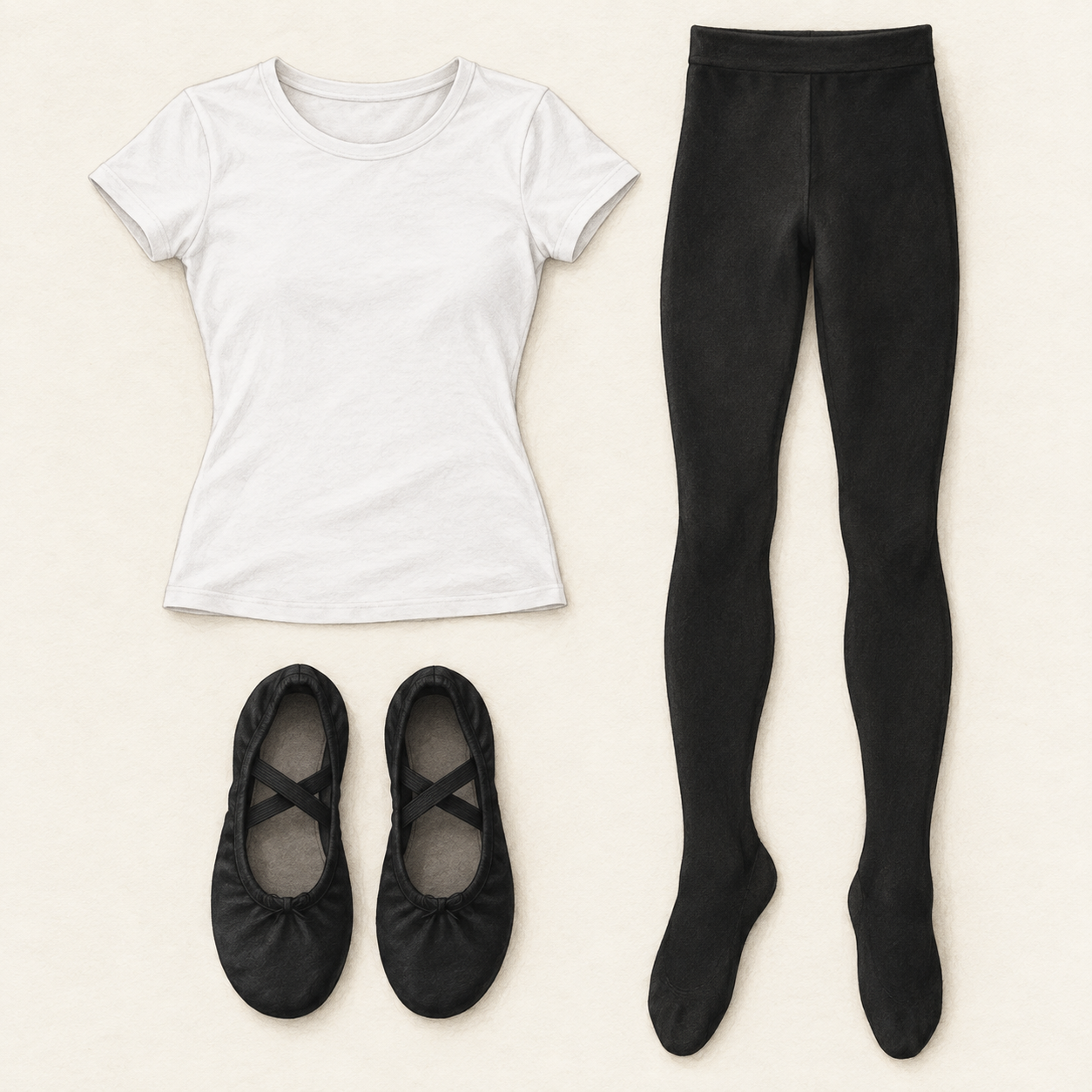White fitted T-shirt, black tights, and black ballet slippers with elastics.