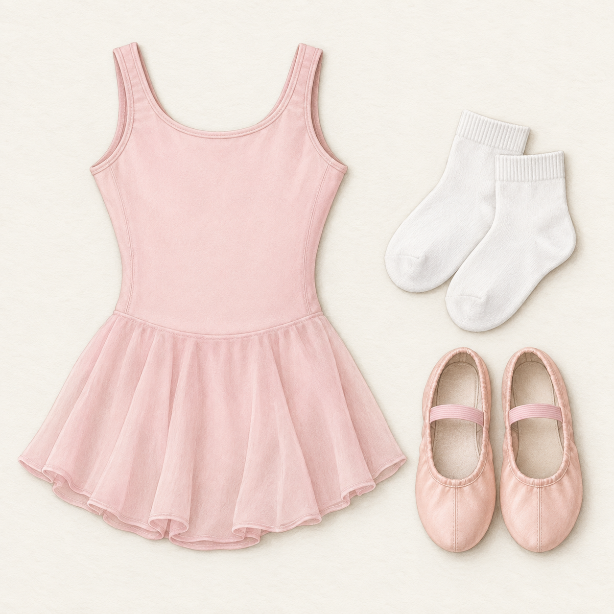 Pink tank leotard dress, white ankle socks, and pink ballet slippers with elastics.