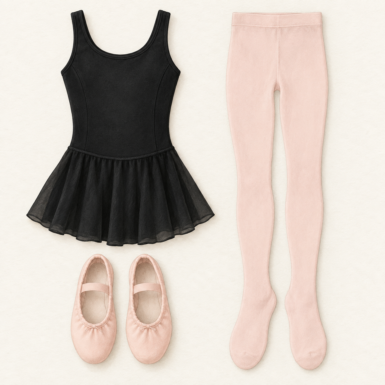 Black leotard dress, pink tights, and pink ballet slippers with elastics.